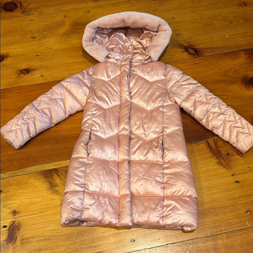 MAYORAL Spain 7 Peach Satin-Lined Jacket Fur Lined Hood High Sheen Puffer Trench